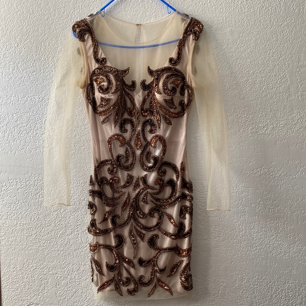 Nude mesh. Bronze sequin.